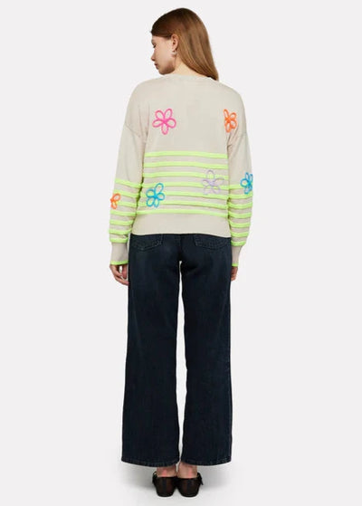 WISPR Violet Floral Stripe Crew Top Canvas/Neon Yellow