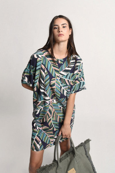 Molly Bracken Leaf Print Straight Shirt Dress - Green Aloha