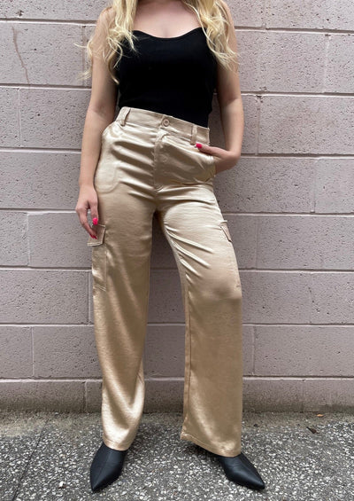 The Pink Door Silky Trousers w/ Cargo Pockets - Gold