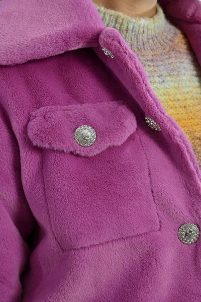 Molly Bracken Faux Fur Cropped Jacket w/ Bling Buttons Pink