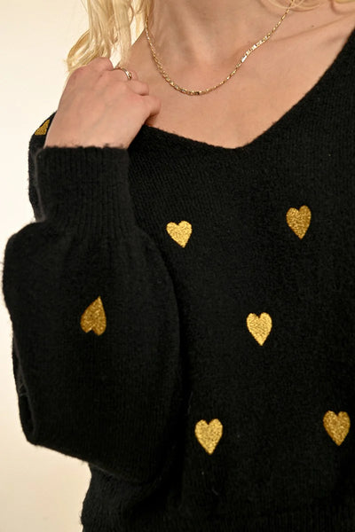 Molly Bracken Gold Heart V-neck Sweater Black