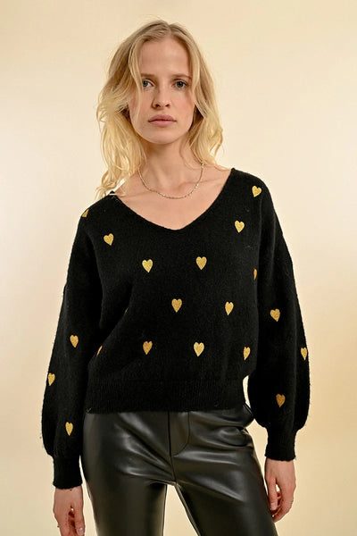 Molly Bracken Gold Heart V-neck Sweater Black