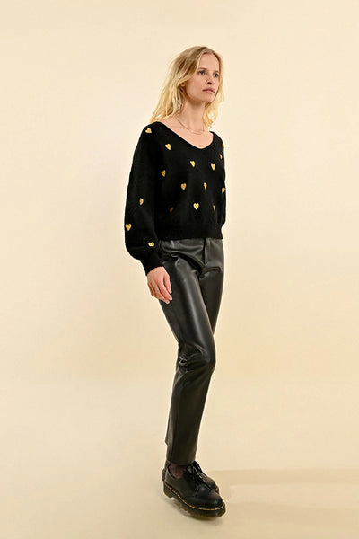 Molly Bracken Gold Heart V-neck Sweater Black