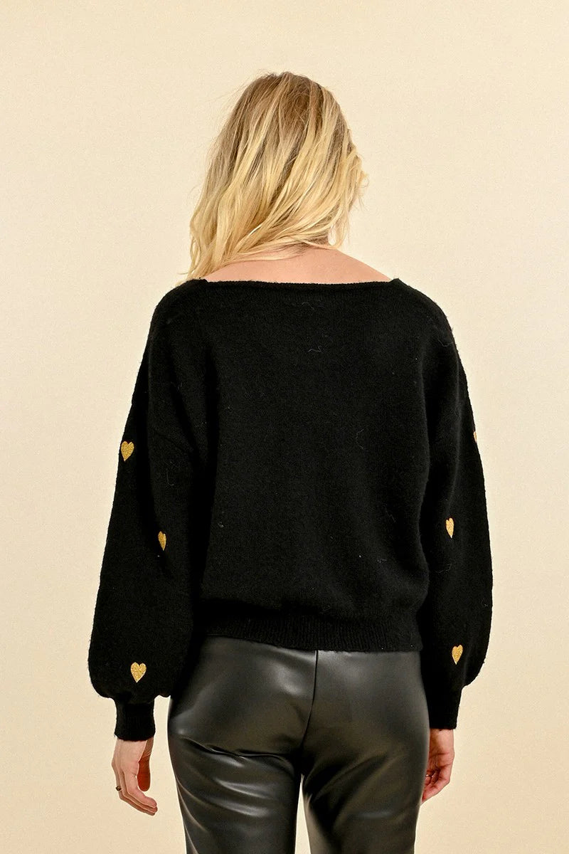 Molly Bracken Gold Heart V-neck Sweater Black