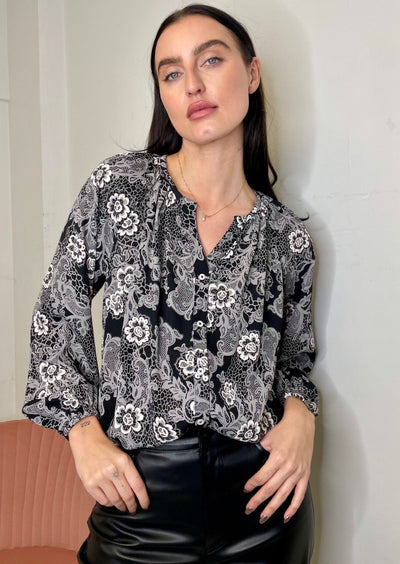 The Pink Door Lace Print Split Neck Floral Blouse - Black