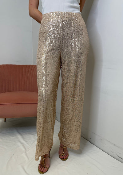 The Pink Door Sequin Wide Leg Pants - Gold