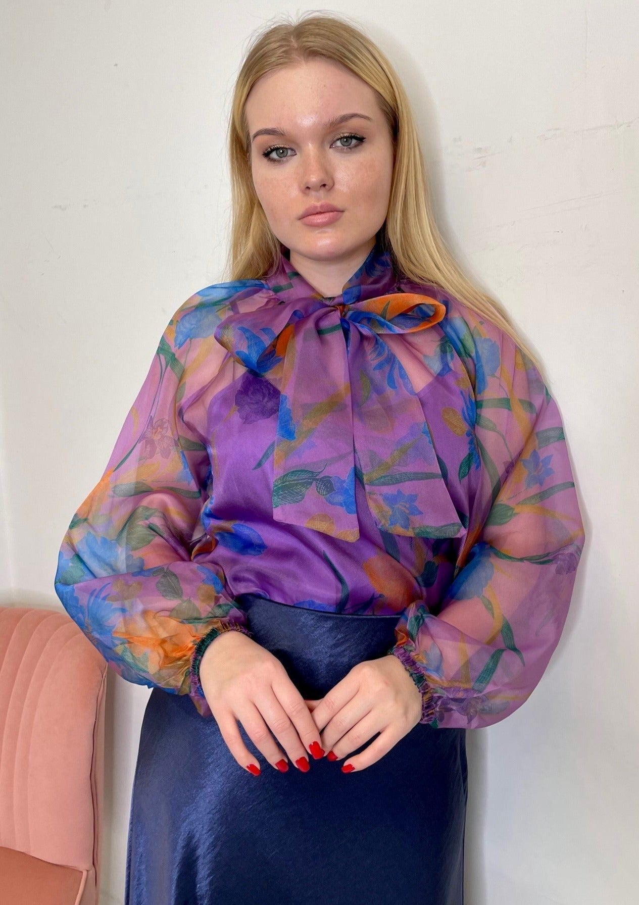 The Pink Door Floral Organza Blouse - Purple