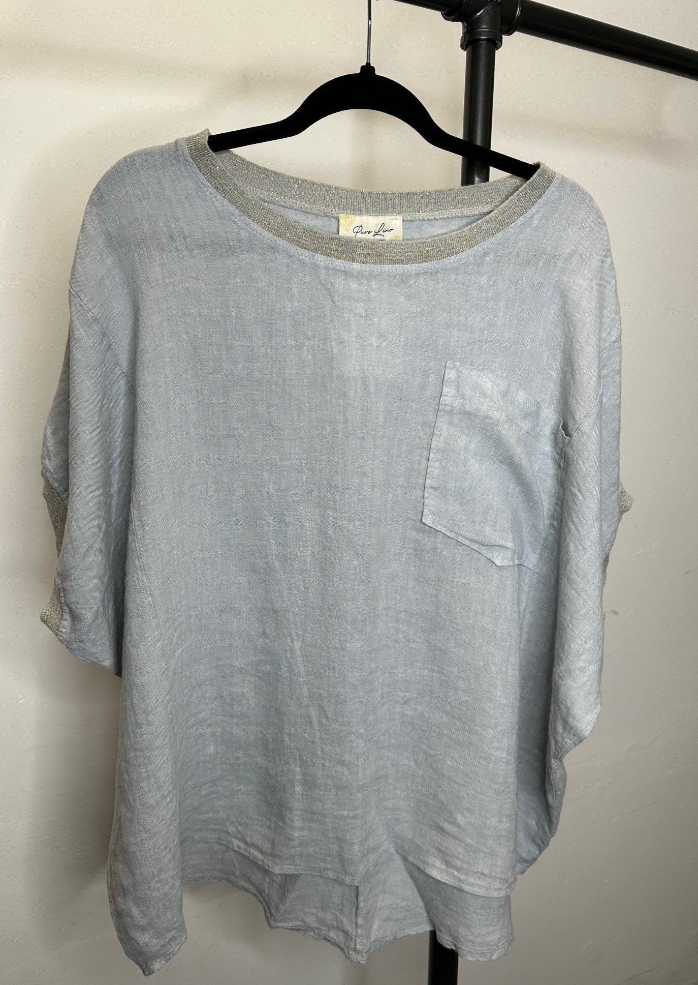 The Pink Door Oversized Linen Top w/ Gold Trim Detail - Grey