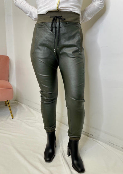 The Pink Door Faux Leather Joggers w/ Fabric Waist Band - Olive