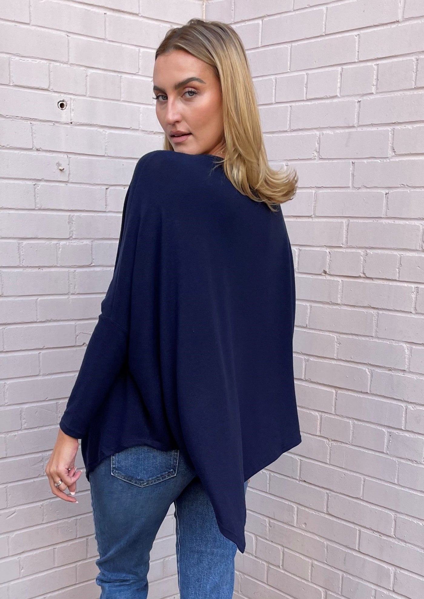 Stark X Soft Solid Asymmetrical V Neck Top - Navy