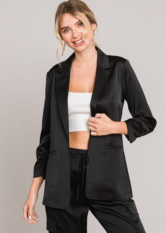 The Pink Door Satin Ruched Blazer Black