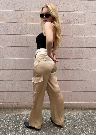 The Pink Door Silky Trousers w/ Cargo Pockets - Gold