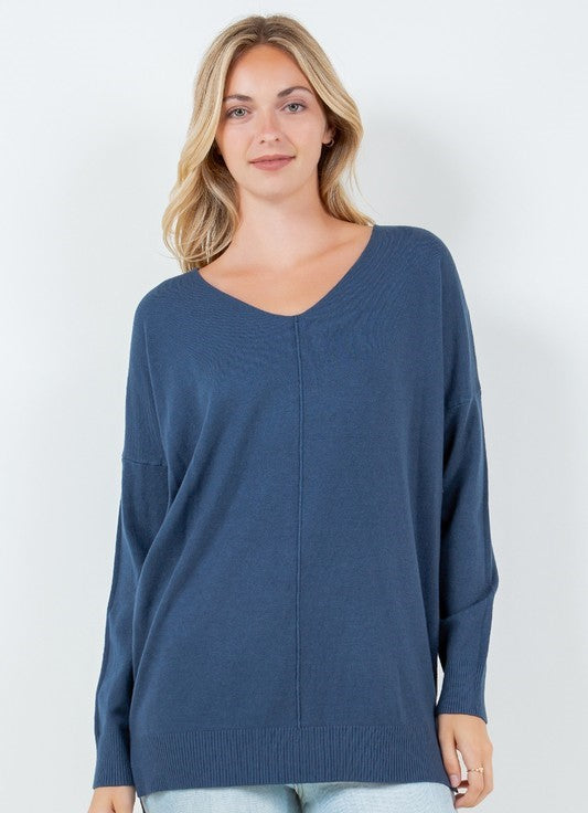 The Pink Door Oversized V-neck Sweater Navy