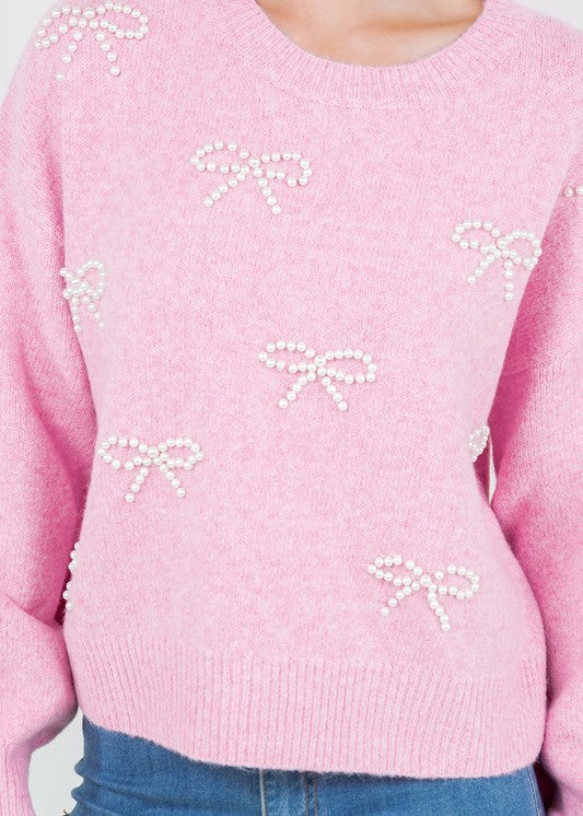 The Pink Door Pearl Bow Sweater Pink