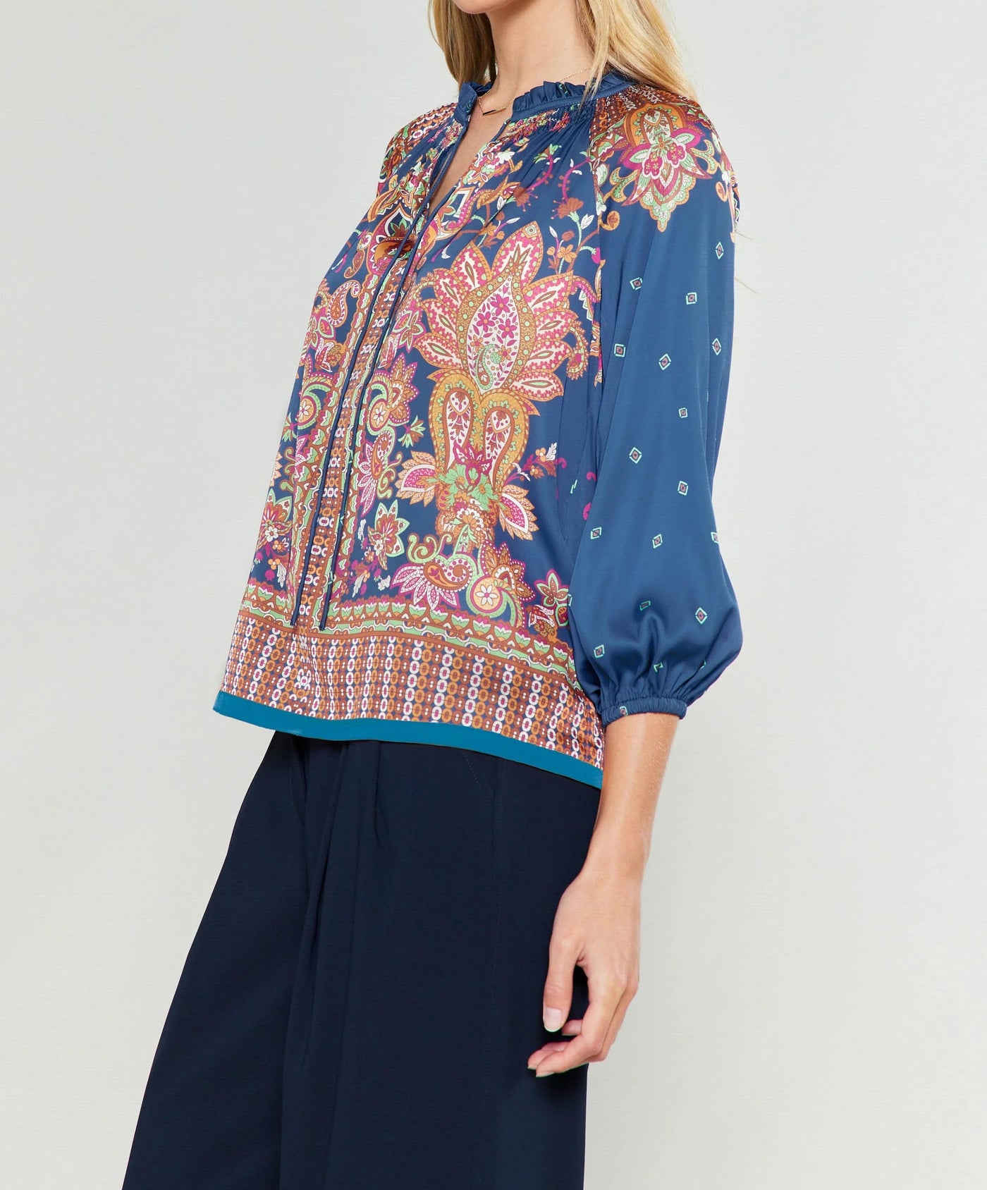 The Pink Door Cognac & Navy Paisley Blouse