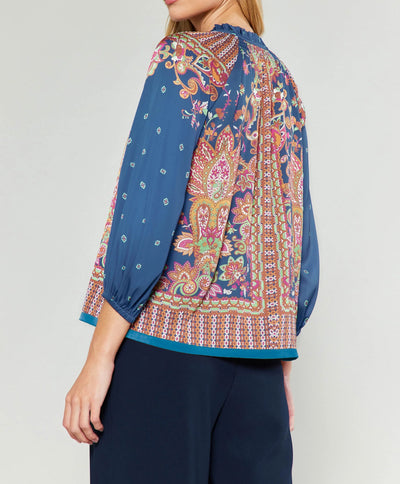 The Pink Door Cognac & Navy Paisley Blouse