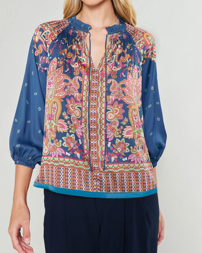 The Pink Door Cognac & Navy Paisley Blouse