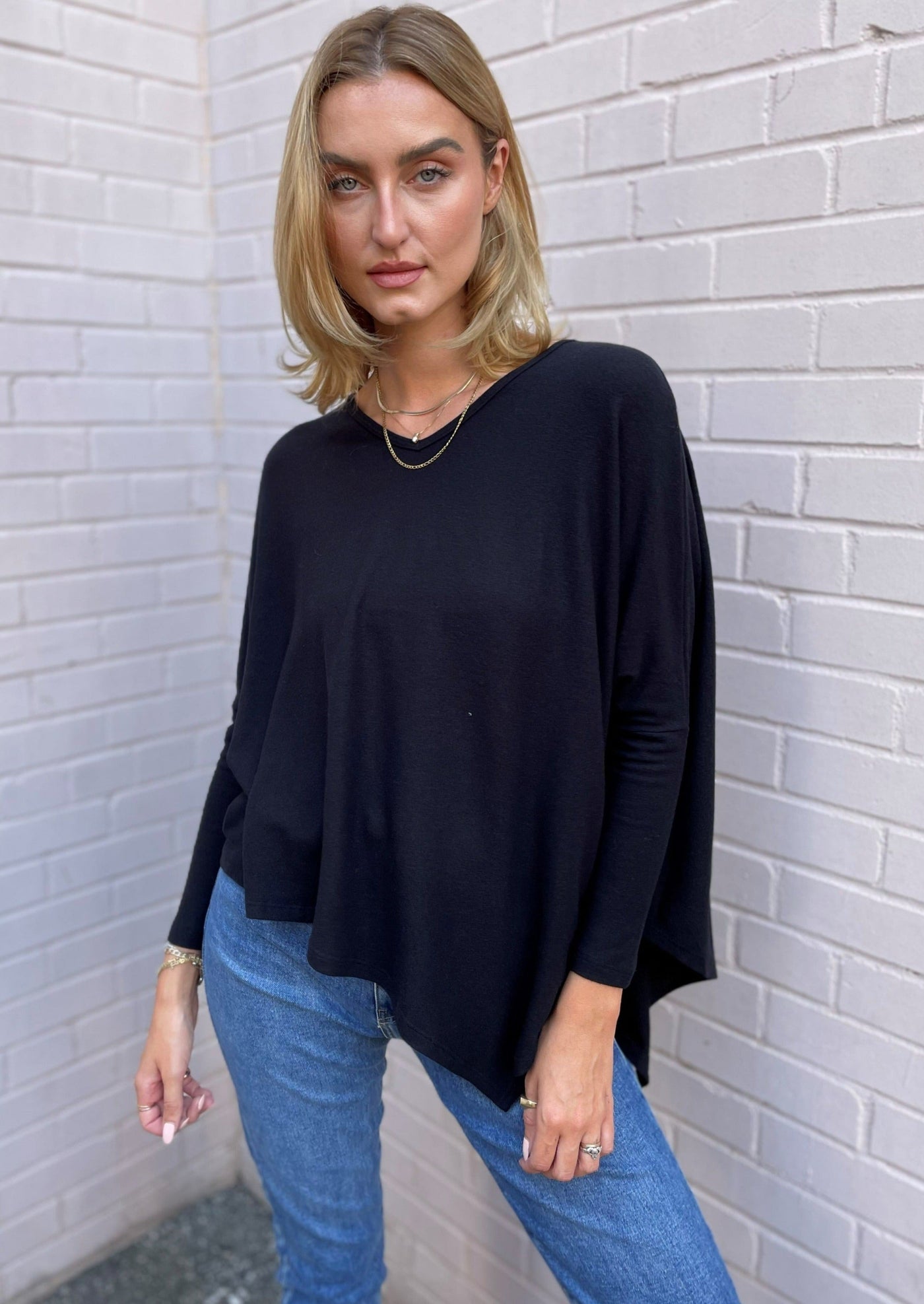 Stark X Soft Solid Asymmetrical V Neck Top - Black