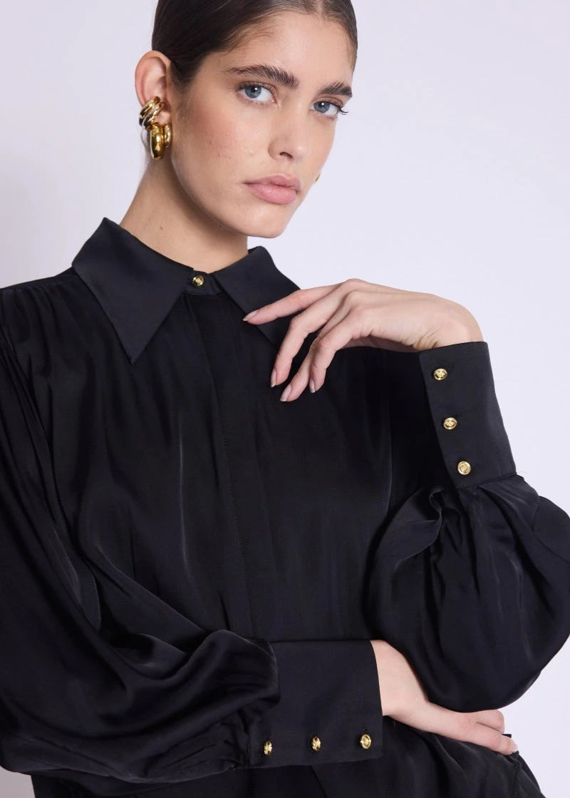 Berenice Double Pleated Silky Blouse Black