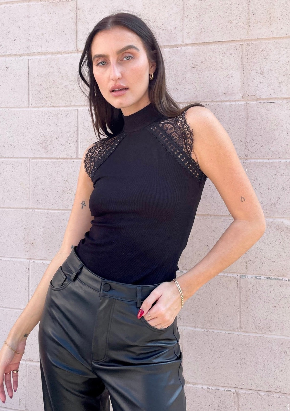 Generation Love Bowie High Neck Lace Combo Top - Black
