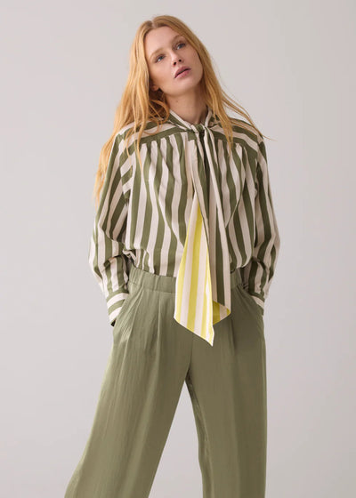 SUMMUM Bow Tie Printed Stripe Blouse Combat Green