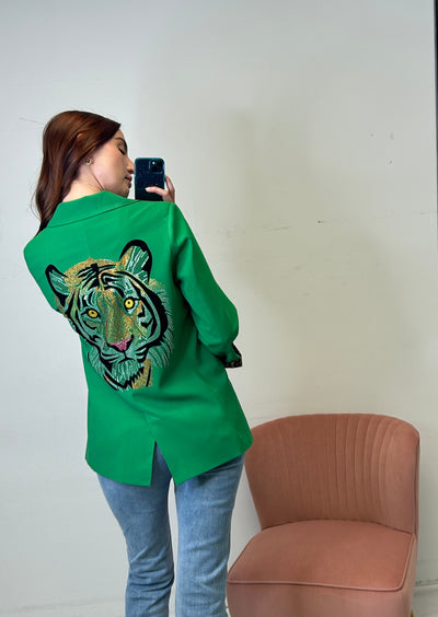 The Pink Door Sparkle Tiger Back Detail Blazer - Green