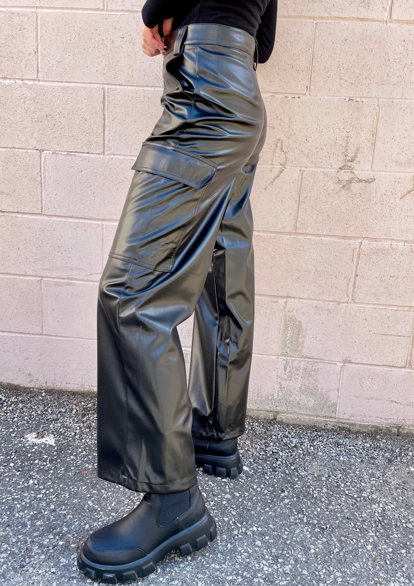 The Pink Door Faux Leather Straight Cargo Pants - Black