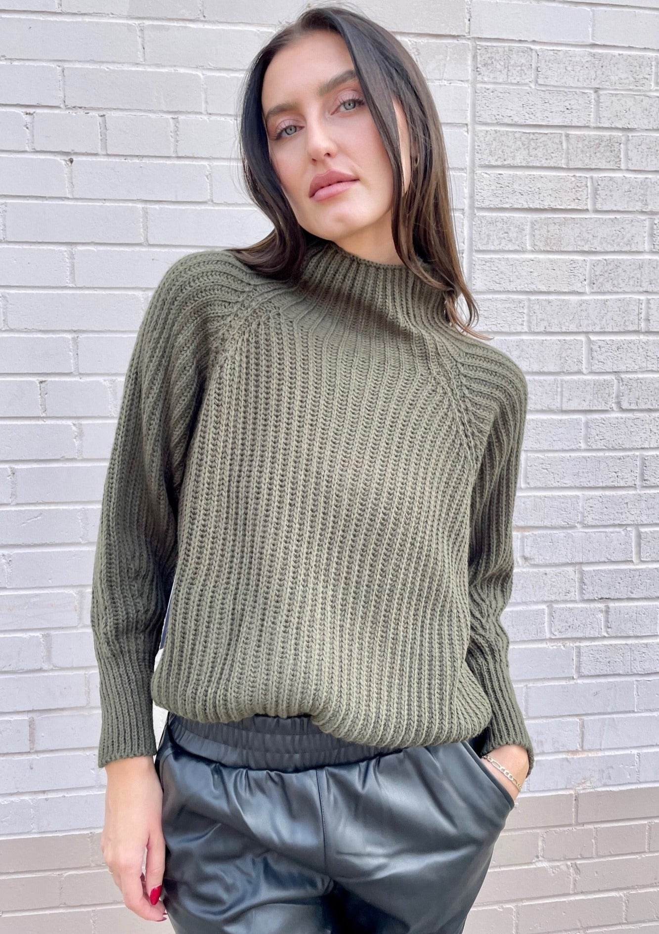 Charli Selma Mock Neck Knit Sweater - Olive