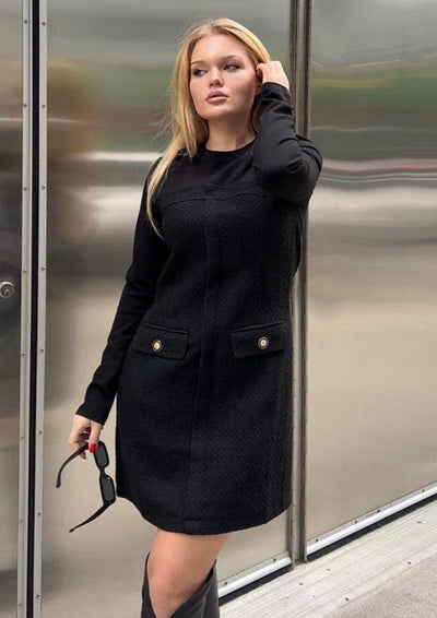 The Pink Door Tweed Dress w/ Button Details - Black