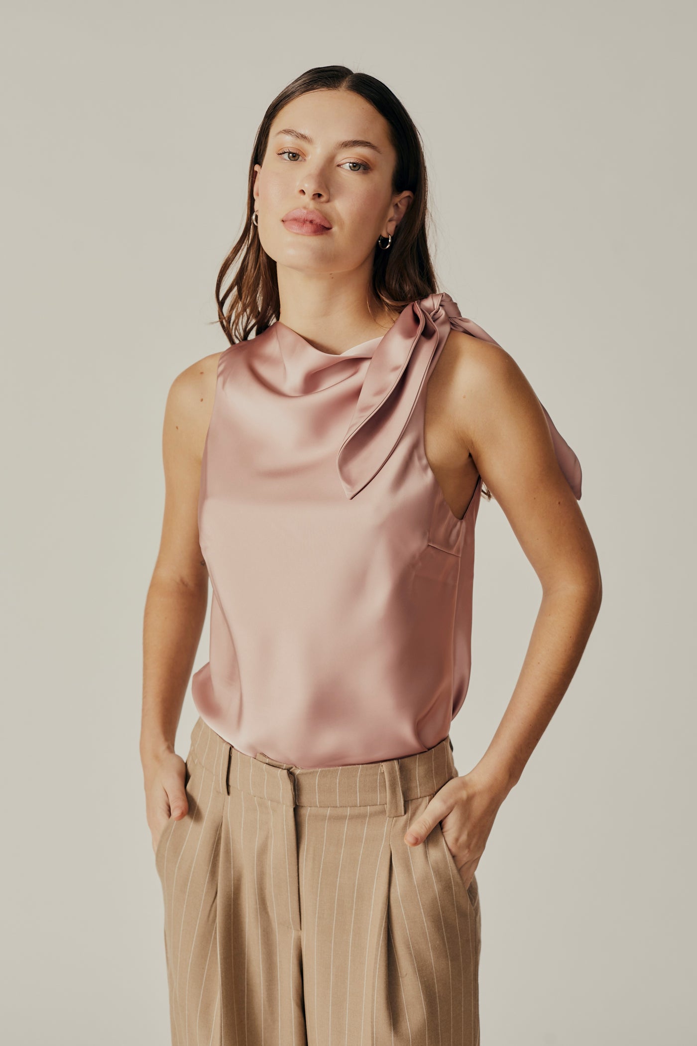 Deluc Shoulder Bow Sleeveless Silky Top Pink