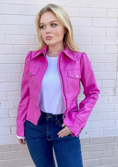 Faux Leather Jacket - Hot Pink