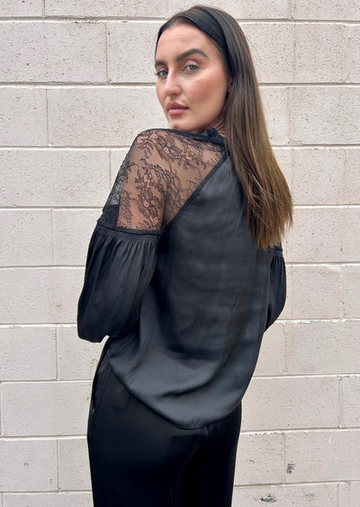 The Pink Door Lace Shoulder Blouse - Black