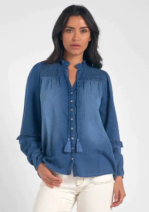 Elan Smocked Shoulder Denim Button Down Top - Blue