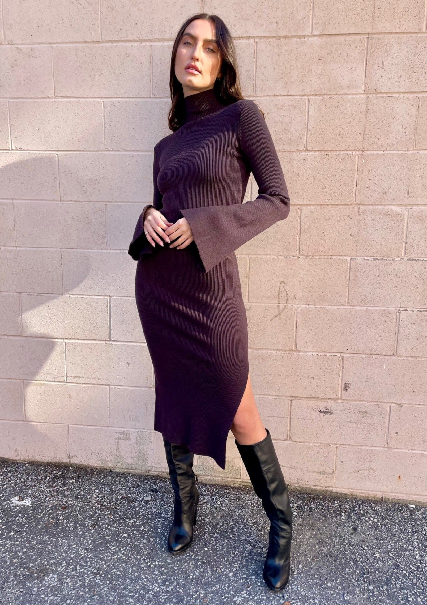 The Pink Door Crew Neck Knit Midi Dress - Plum