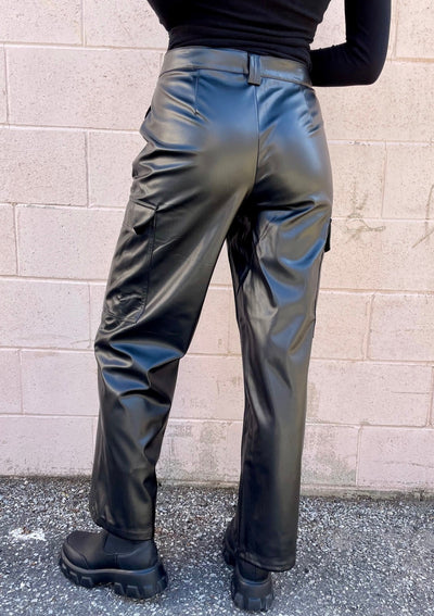 The Pink Door Faux Leather Straight Cargo Pants - Black