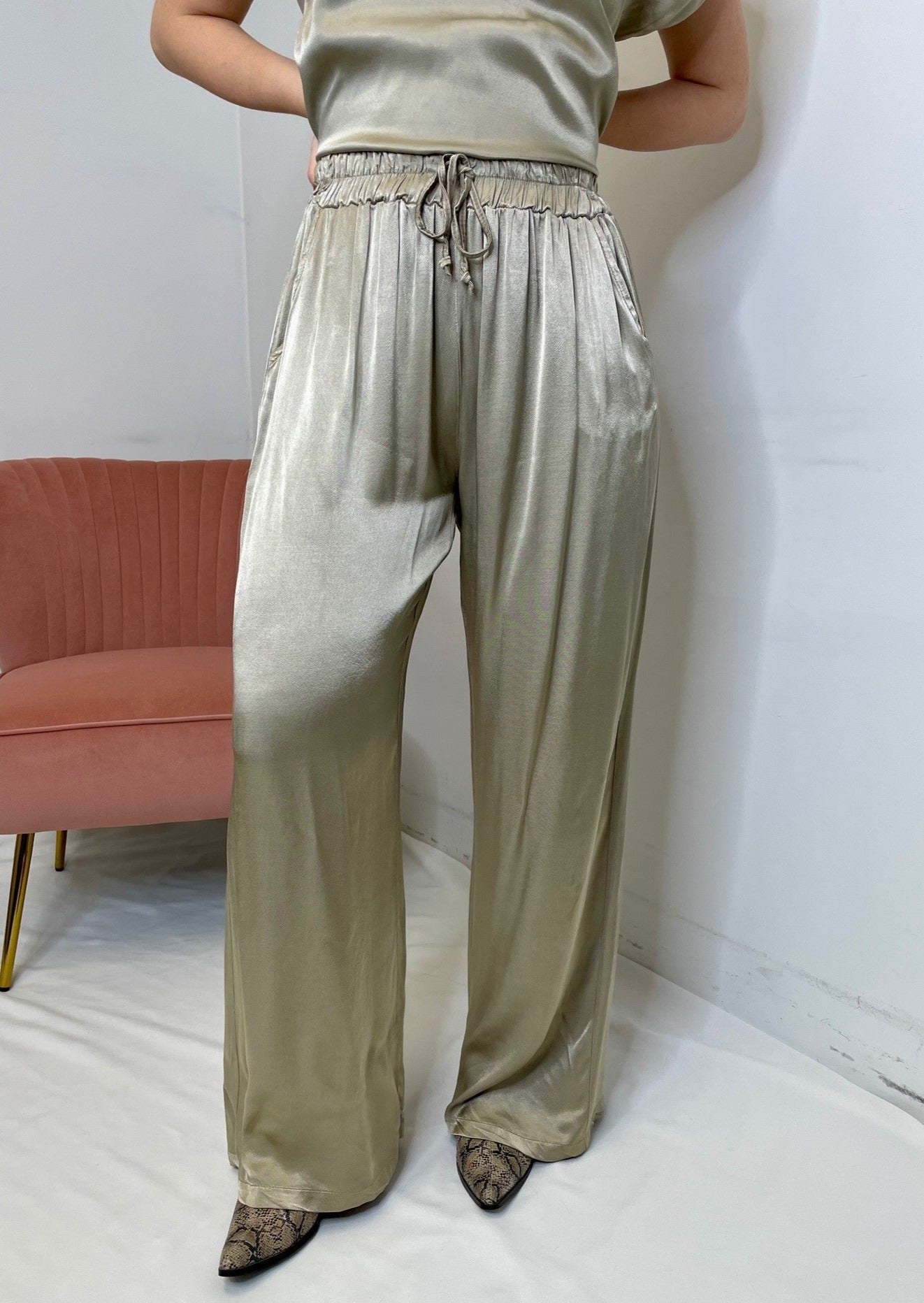 The Pink Door Satin Wide Leg Pants - Taupe