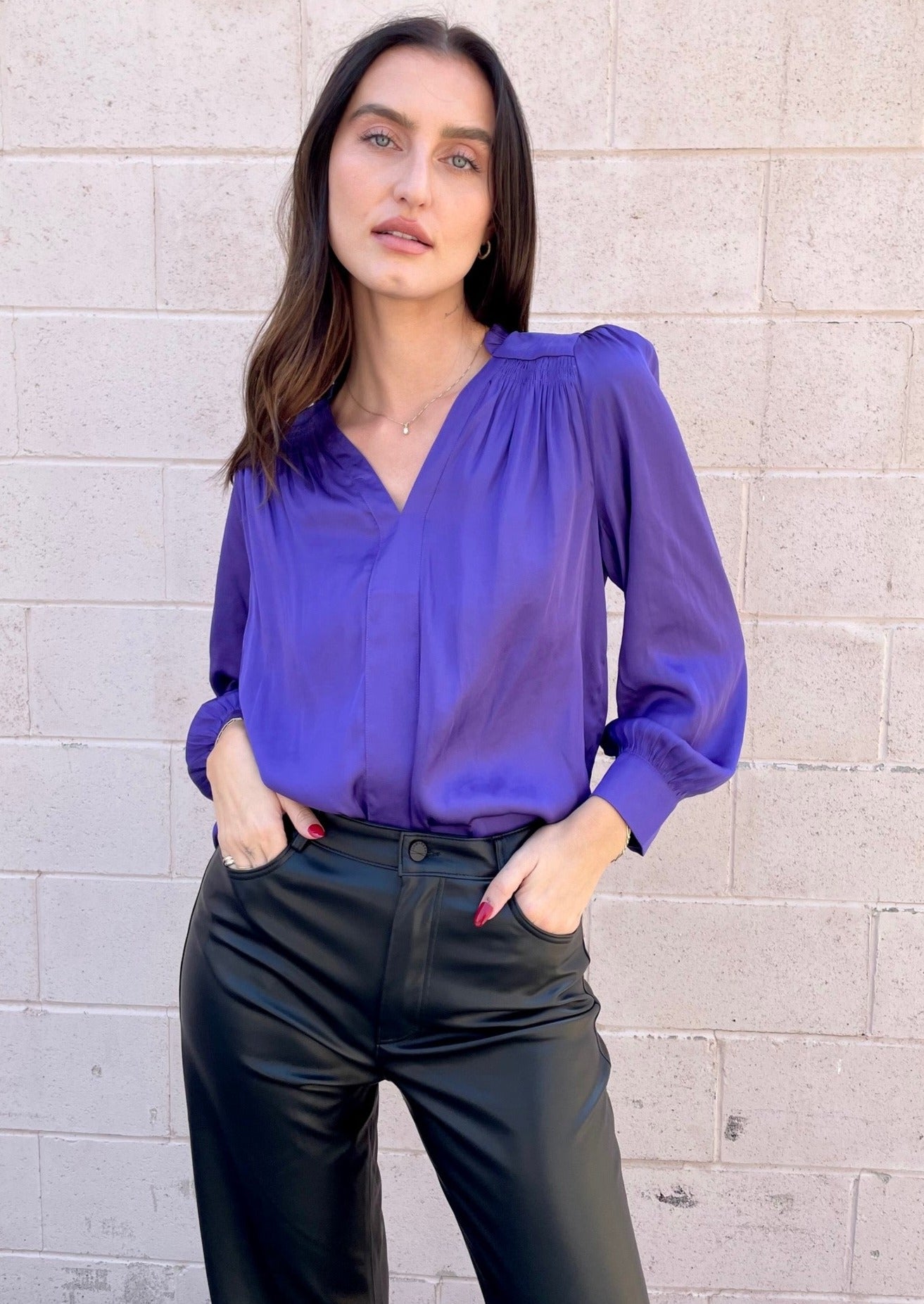 The Pink Door Puff Sleeve Silky Blouse - Purple