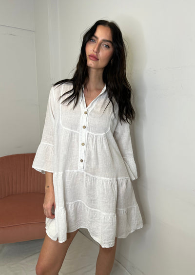 The Pink Door Ruffle Tier Linen Dress - White