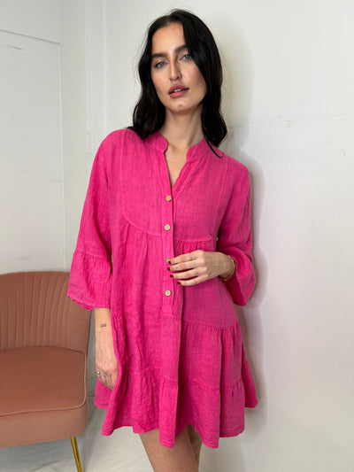 The Pink Door Ruffle Tier Linen Dress - Fuchsia