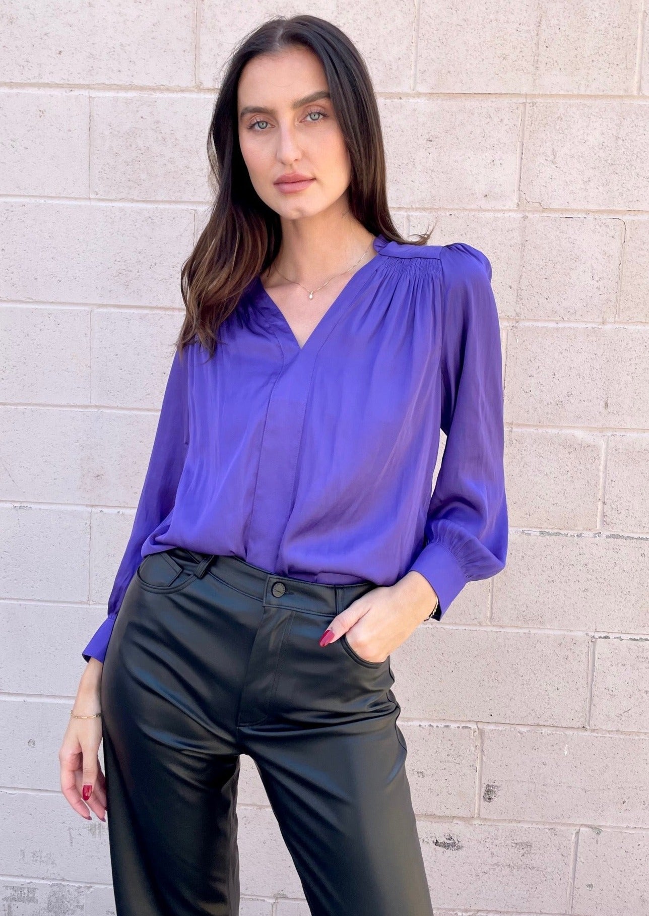 The Pink Door Puff Sleeve Silky Blouse - Purple