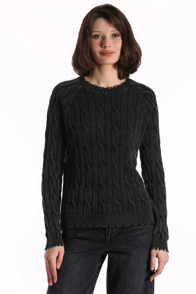 MINNIE ROSE Frayed Cotton Cable Crew - Black