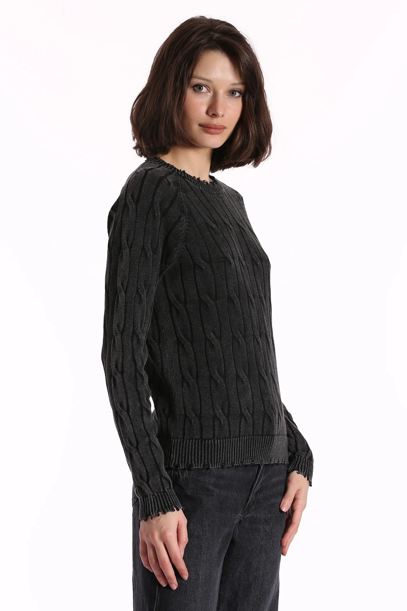 MINNIE ROSE Frayed Cotton Cable Crew - Black