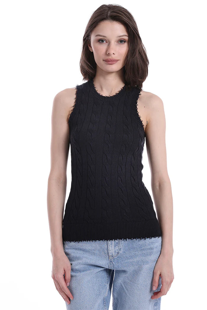 MINNIE ROSE Frayed Cable Tank Black