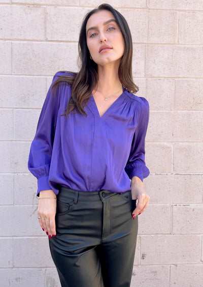 The Pink Door Puff Sleeve Silky Blouse - Purple