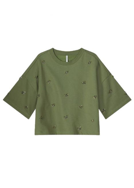 SUMMUM Short Sleeve Embellished Sweatshirt Combat Green