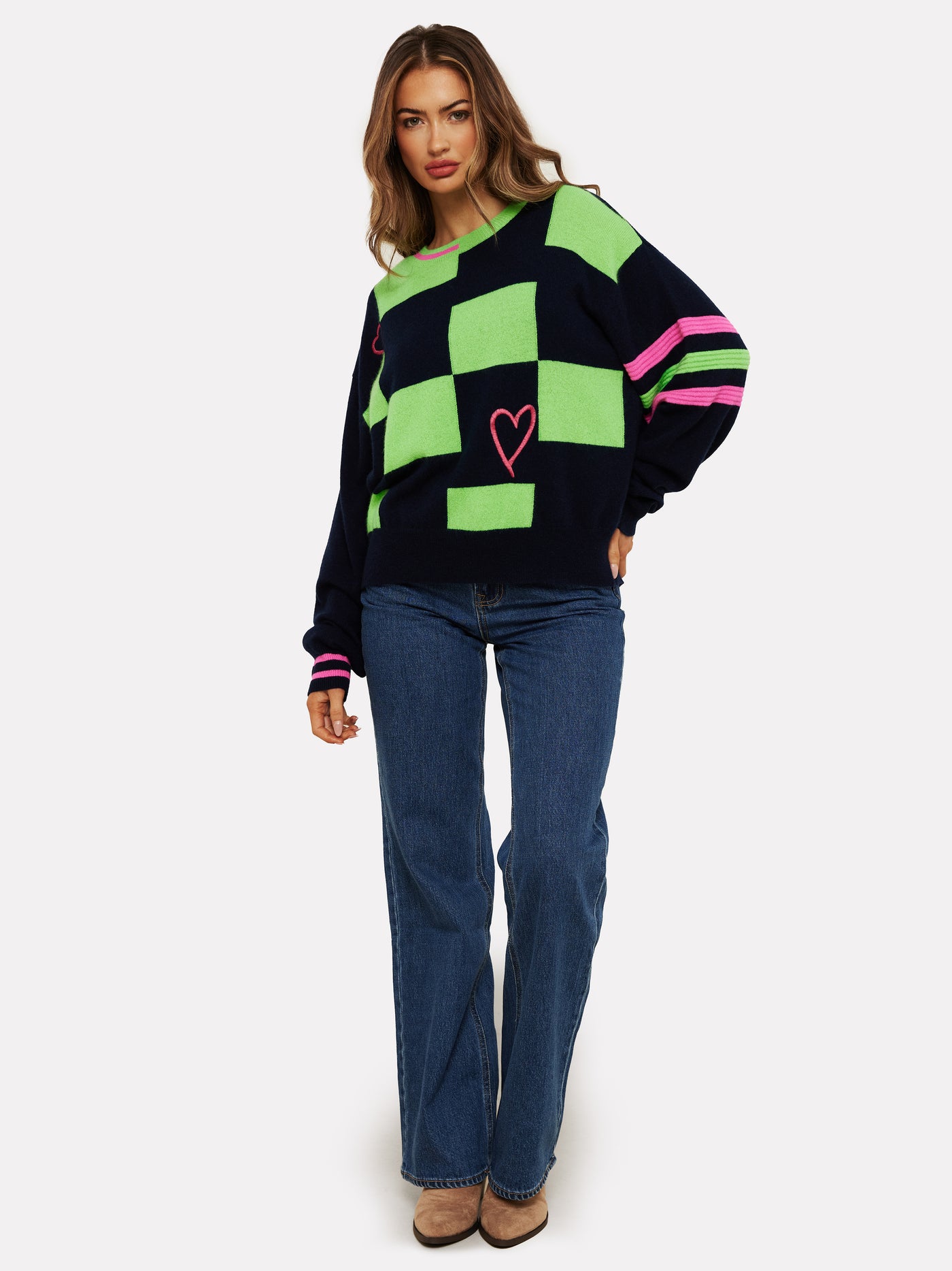 Brodie Class Amore Crew Top Navy/Neon Green Diva Pink