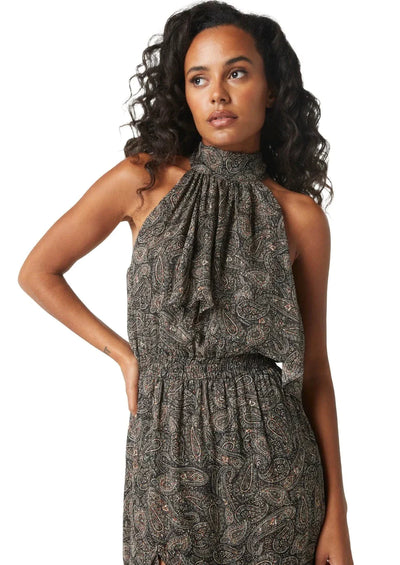 MISA Aneva High Neck Ruffle Dress - Paisley Shimmer