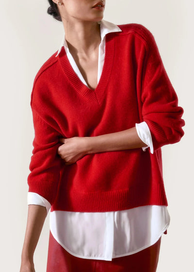 Brochu Walker V-neck Layered Pullover Sweater Red/White