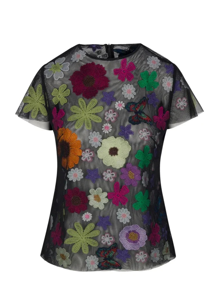 The Pink Door Flower Bomb Mesh Top - Black/Multi