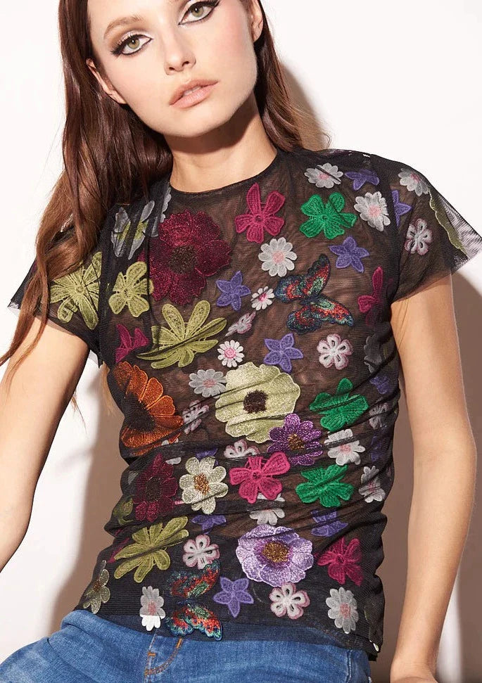 The Pink Door Flower Bomb Mesh Top - Black/Multi